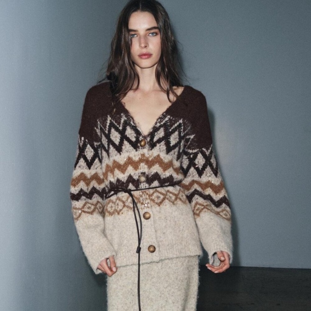 Zara Sequined Jacquard Knit Cardigan with Belt NWT